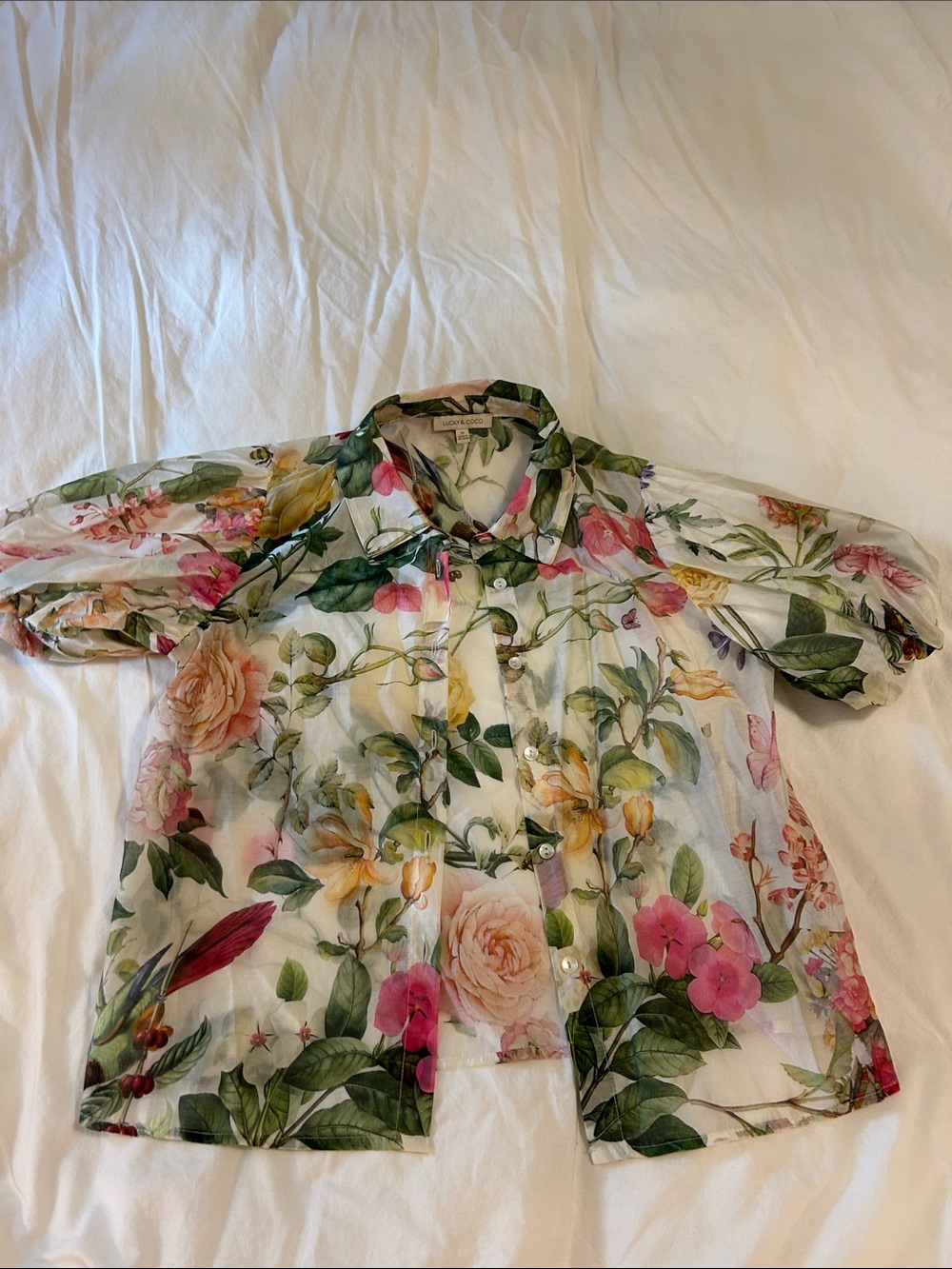 Sheer Floral Button-Down Shirt in White with Pink,Green, purple, yellow Gorgeous